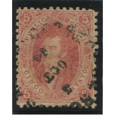 ARGENTINA 1864 GJ 19 RIVADAVIA ESTAMPILLA DE 1ra TIRADA SELLO CLASIFICADO COMO POSICION Nº 21 PAPEL GRUESO VARIEDAD PUNTO EN EL ADORNO SUPERIOR AUSENTE Y PEQUEÑA DOBLE IMPRESION PARCIAL en ANG. SUP. IZQUIERDO